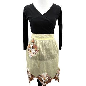 Vintage 1950s Kitchen Half Apron Handkerchief Sheer Yellow Brown Organza